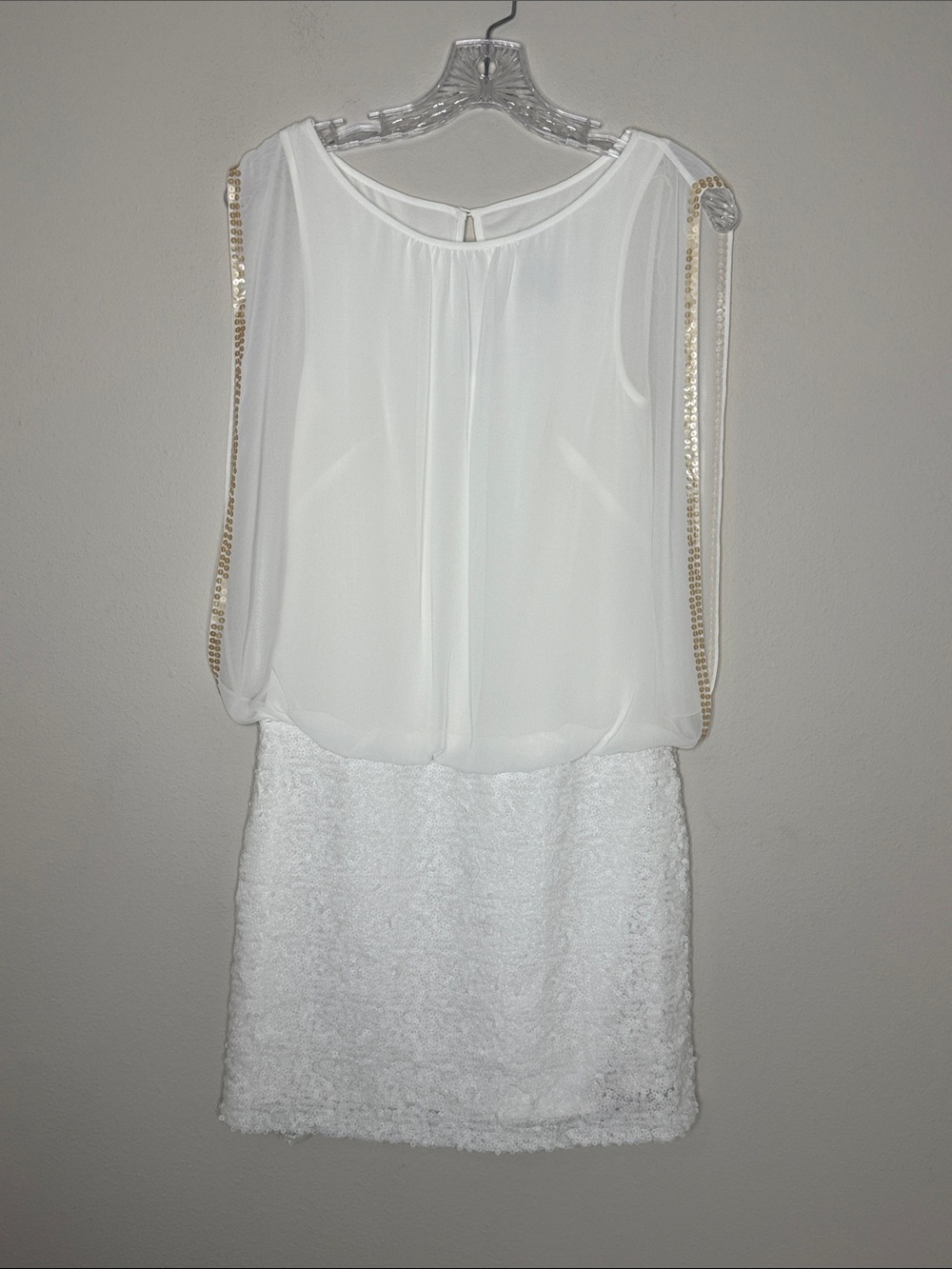 Chiffon & Sequin Trim White Mini Dress